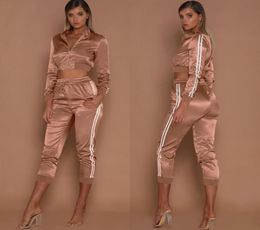 Women Tracksuits Spring Summer Sports Clothing Sets Short Stripes Sports Jackets Crop Pants 2pcs Suits Slim Fits Casual Outfits4384297