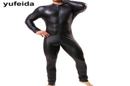 YUFEIDA Sexy Faux Leather Mens Long Pants Jumpsuits Leotard Costume Gay Man Underwear Bodysuit Wrestling Singlet PU Leather Suit9331208