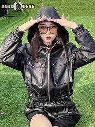 Women's Leather Boyfriend Style Women Hooded Cargo Jacket Motorcycle Biker Sheepskin Genuine Pockets Spring Autumn Outerwear Coat