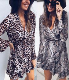 New Sexy Women Dress Leopard Snakeprinted Long Sleeve V Neck Party Evening Wrap Dress Womens Ruffles Dress9696069