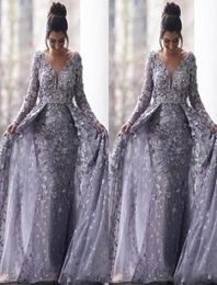 New Arrival Modern Muslim Dubai Evening Dresses for Women Lace 3D Flowers Tulle Long Sleeves With Overskirts Formal Prom Dress Par5610975