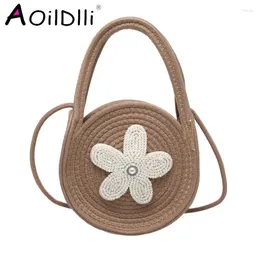 Evening Bags Baby Girl Fashion Casual Solid Straw Shoulder Backpack Accessories Kids Children Cute Round Messenger Bag 2024