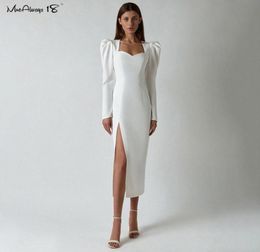 Casual Dresses Elegant Bodycon Midi Dress Women White High Split Sexy Puff Sleeve Autumn Winter Evening Party Ladies5252365