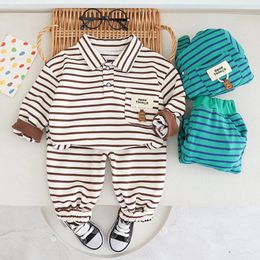 Clothing Sets 2024 Fashion Sportswear Suit Spring Lapel Striped Pocket Baby Boys Top Pant 2pcs/set Kids Cotton Clothes