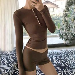 Women's Tracksuits O-neck Long Sleeved Clothing Set Spring Summer Fashion Solid Button Open Collar Top Sexy Buttocks Shorts Suit