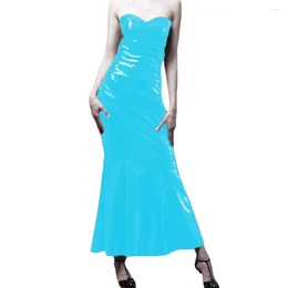 Casual Dresses Wetlook PVC Leather Sexy Breast Wrap Bodycon Maxi Dress Sleeveless Strapless Slim Fit Long High Street Party Evening S-7XL