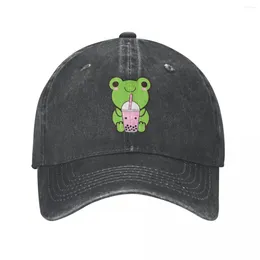 Berets Cute Cartoon Kawaii Frog Drinking Boba Tea Baseball Caps Washed Denim Hats Adjustable Casquette Hip Hop Cowboy Hat