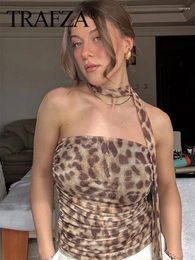 Women's Tanks TRAFZA 2024 Women Leopard Print Tube Top Halter Neck Off Shoulder Slim Female Camis Chic Sexy Party Vintage Wild Woman Tops