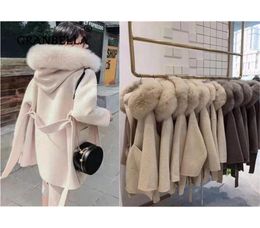 Ladies Luxury Hooded Cashmere Coat Outwear Natural Fox Fur Collar Womens Lamb Wool Coats 2020 Winter Warm Coats LJ2011094364584