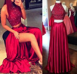 Stretch Satin High Collar Neckline Two Piece Aline Prom Dresses With Beading Top Burgundy Long Evening Dress Party Dress9012244