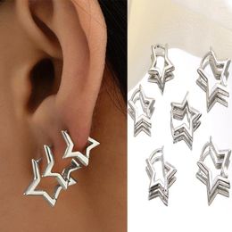 Hoop Earrings 6pcs Set Vintage Glossy Chic Silver Plated Copper Star For Women Retro Pentagram Huggie Hoops Daily Wear Jewellery