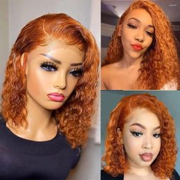 180% Density Ginger Orange Water Wave13x4 Lace Front Human Hair Wigs For Women Short Bob Deep Curly 10inch #350