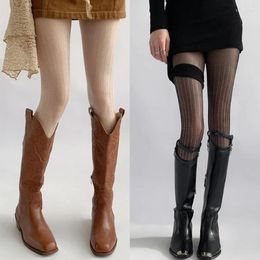 Women Socks Sexy See Through Stockings Pantyhose Striped Rhinestones Silk Tights For