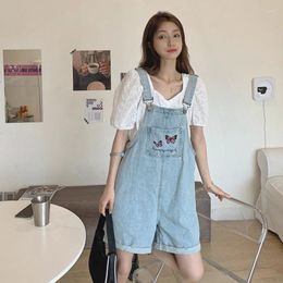 Women's Shorts Summer Fashionable Women Overalls Denim Loose Butterfly Embroidery High Waist Wide Leg Straps Female