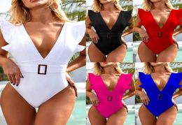 Ruffle Sexy One Piece Swimsuit Belt Deep V Solid Women Bathing Suit Backless Brazilian Push Up Padded 2021 New 9978928