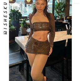Work Dresses Two Piece Set Women Belt Trim Outfits Sexy Strapless Corset Crop Top High Waist Skinny Mini Skirts 2024 Summer Y2K Clothes