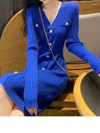 Casual Dresses Leisure V-Neck Long Sleeve Knitted Dress A-Line Wrapped Hip 2024 Autumn Fashion Women'S Clothing