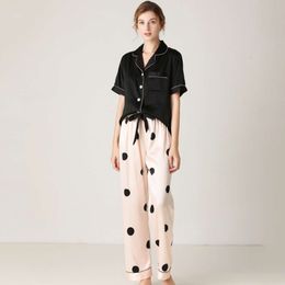 2024 Ice Silk Pajamas, Women 's Silk 세트, 폴카 도트 짧은 슬리브 긴 바지, 느슨한 피팅, 고급 새 홈 의류 세트