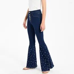 Women's Jeans Women High Waist Flare Size Beading Stretch Denim Pants Elegant Cotton Elastic Skinny Jean Wide Leg