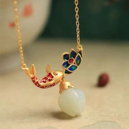Natural an jade necklaces enamel fish-shaped lotus ancient gold craft pendant light luxury chinese style retro charm jewelry 240518