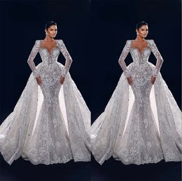 Crystal Mermaid Wedding Dresses Diamond Bridal Gowns Detachable Train Illusion Long Sleeve Beaded V Neck Sweep Train Robe