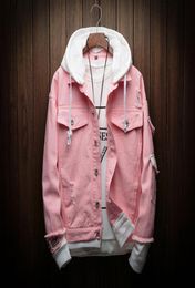 Men Autumn Hooded Denim Jackets Pink Jean Coats Good Quality Men Cotton Holes Denim Coats Fashion Jean Jackets Size 3XL CX2007309250146