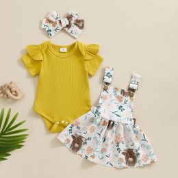 Clothing Sets 0-18months Baby Girl Summer Outfits Solid Colour Ribbed Knit Rompers Chicken Print Suspender Skirts Infant Girls 3pcs Clothes