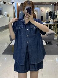 Women's Tracksuits Denim Summer 2 Two Piece Set Women Casual Fashion Short Sleeve Ladies Shirts Loose Korean Style Pleated Woman Mini Shorts