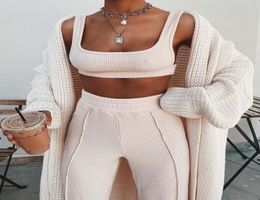 Tacksuit Women 2 Piece Set Sleeveless White Ribbed Two Piece Outfits Crop Top Long Pants Plus Size Casual Matching Sets5154594