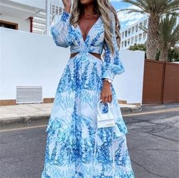 Women Boho Maxi Dress Summer Sexy VNeck Hollow Out Lantern Sleeve Party Club Dresses Backless Beach Cover Up Female Robe Dress 2203192288