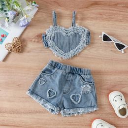 Clothing Sets 3-24M Infant Baby Girls Summer Outfits Fashion Sleeveless Heart Camisole Tops And Elastic Ripped Denim Shorts 2pcs Clothes