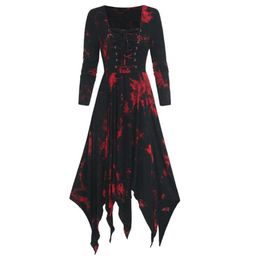 Feitong Bandage Long Sleeves Dress Woman Dress Plus Size Tiedye Print Long Sleeve Laceup Handkerchi Gothic Party4085758