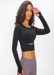 Women039s Long Sleeve Tops Hollow Out Sexy Yoga Sports Bra Padded Shirt Thumb Hole Short Slim Fitnesss Running Gym Tshirt Tees1440426