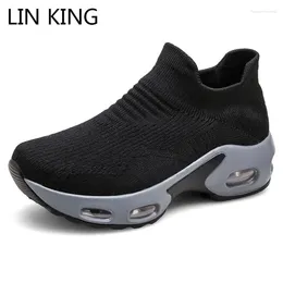 Fitness Shoes LIN KING Plus Size Sock Women Casual Vulcanised Breathable Platform Sneakers Wedges Woman Outdoor