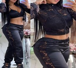 Women039s Two Piece Pants VNeck Crop SleevelessTop Shirred Crochet Lace Set With Coat Casual 3 Sets Womens Outifits Fashion Su7223715