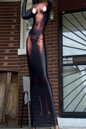 Casual Dresses Long Dress Oneck Sleeves Autumn Waist Tight Hip Wrap Bodycon 3D Body Print Maxi Clubwear Vestido5894550