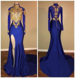 Long Sleeve Evening Dresses High Neck Keyhole Gold Lace Royal Blue Prom Dress Split Party Gown 2K18 Black Girl Couple Day6013133