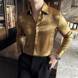 Men's Casual Shirts Glossy Anti-Wrinkle Long Sleeved Men Dress High End Slim Fit Silky Gold Male Shirt Night Club Prom Social Mens Clothing