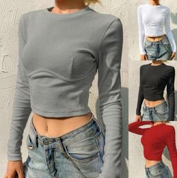 Women Long Sleeve ONeck T Shirt Ribbed Knit Solid Colour Bodycon Corset Crop Top 28GD8064906