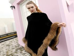 Genuine Wool Cashmere Shawl Poncho Winter Plus Size Knitted Pullover Sweater With Real Raccoon Fur Trim For Women2512257