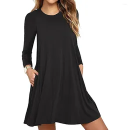 Casual Dresses Women Dress Summer Black Pullover Elegant Daily Soft Solid Party Beach With Pockets Long Sleeve Round Neck Loose Fashion