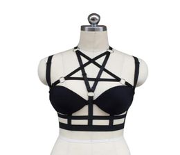 women black Harness cage bra Gothic Harajuku sexy lingerie Cage Back complex Garters belt Pentagram body harness Cage bra1749156