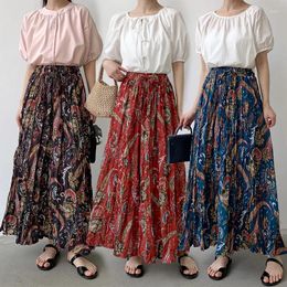 Skirts Vintage Ethnic Paisley Floral Printed Pleated Long Womens Summer Boho Skirt Korean Style Green Red Black Blue Maxi