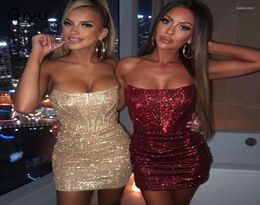 Casual Dresses Night Club Party Woman Dress Sexy Bodycon Glitter Strapless Mini 2022 Summer Elegant Ruched Christmas Red VestidosC9876764
