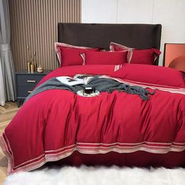 Bedding Sets 2024 Four-piece Simple Cotton Double Household Bed Sheet Letter Pattern Quilt Cover Comfortable Red Color