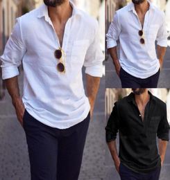 Men039s TShirts Solid Colour Shirt Blouse Cotton And Linen Long Sleeved Lapel Pocket Casual Loose Top Business Shirts3120031