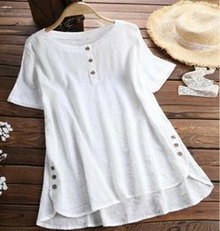 Ladies Summer O Neck Short Sleeve Singlebreasted Tops Women Cotton Linen Tshirt Tops Tunic Holiday Plus Size2371842