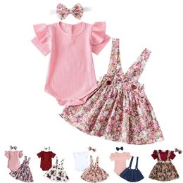3Pcs Summer born Baby Girl Clothes Set Short Sleeve Romper Floral Dress Overalls Headband Toddler Infant Clothing Cute Outfit 240518