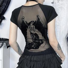 Women's T Shirts ISAROSE Sexy Gothic T-shirt For Women Summer Black Short Sleeves O Neck Back Mesh Flocking Breathable See-through Backless