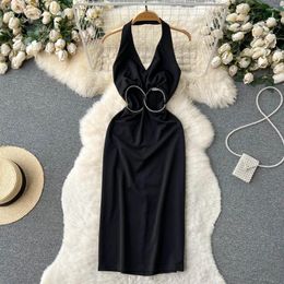 Casual Dresses Summer Sexy Celebrities With Diamonds Chain V-neck Strapless Hollow Slim Package Hip Hanging Neck Dress